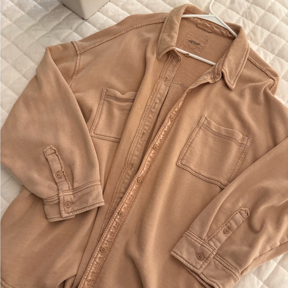 Aerie Tan Button-Up Sweatshirt